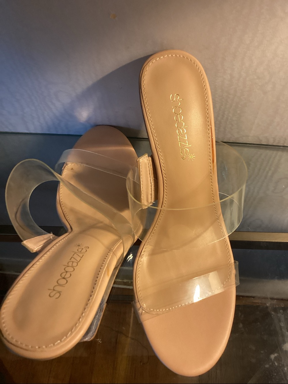 Shoe Dazzle Nude Clear-Strap Slide Heels SZ 9, $25. - Picture 5 of 8